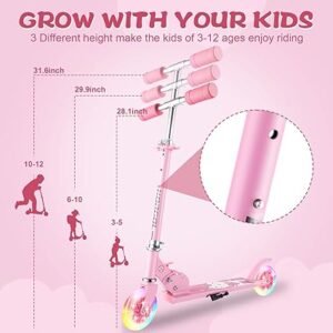 Scooter for Kids Ages 312 Kids Kick Scooters with Led Light Up Wheels 3 Levels Adjustable Handlebar Lightweight Foldable 2 Wheel Girly Pink Scooter Christmas Birthday for Girls Boys.