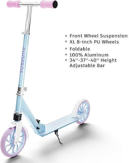 PHOEROS Kick Scooter for Kids Ages 612Teens Adults Youth. Lightweight Aluminum Kick Scooter for Teens Adults Boys Girls with 8 cm Big Wheels Foldable 3 Height Adjustable Shock Absorption.