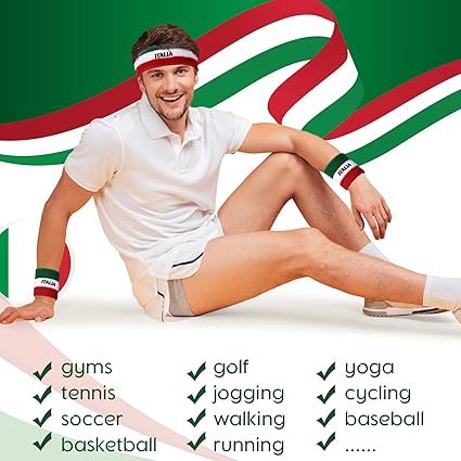 71-FSvDNjuL._AC_SX425_.jpg Jadive 2 Sets Italy Sweatband Set Italy Headband and Wristbands Includes 2 Head Sweatband and 2 Pairs Sports Wristband Costume Absorbing Headband for Men Women