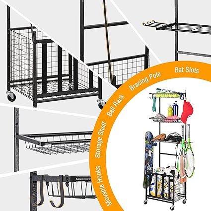 713IwppUJ6L._AC_SX425_.jpg PLKOW Sports Equipment Storage for Garage IndoorOutdoor Sports Rack for Garage Ball Storage Garage Organizer with Basket and HooksToySports Gear Storage