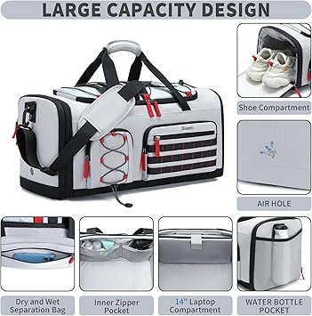 719hamzraWL._AC_SY355_.jpg Bosstin Gym Bag for Men Women 45L Travel Duffle Sports Duffel Bag Gym Weekender Overnight Backpack with Shoe Compartment (Grey)