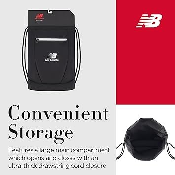 71DFgKHEgHL._AC_SY355_.jpg New Balance Drawstring Backpack Small Gym Travel Bag with Front Zip Pocket Sports Cinch Sack for Men and Women Black 17.5 cm