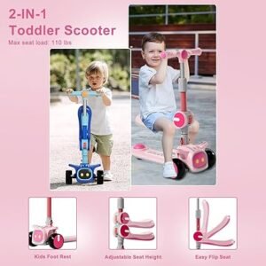 Unbreakable Never Fall Down 2in1 Scooters Kids 3 Wheel Kick Scooter for Boys Girls Ages 38 Adjustable Height Seat Widened NonSlip Deck More Safer for Beginner Toddlers