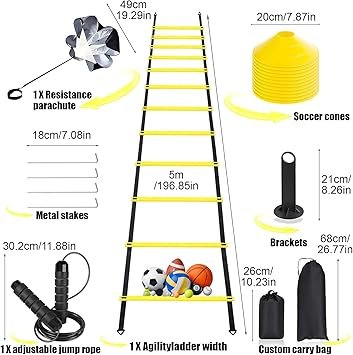 71PbmCR4KTL._AC_SY355_.jpg Agility LadderSpeed Training Equipment Set20ft Rungs Speed LadderSoccer ConesJump Rope Running Resistance UmbrellaBasketball Equipment Football Fitness Training Equipment for Kids Youth Adults