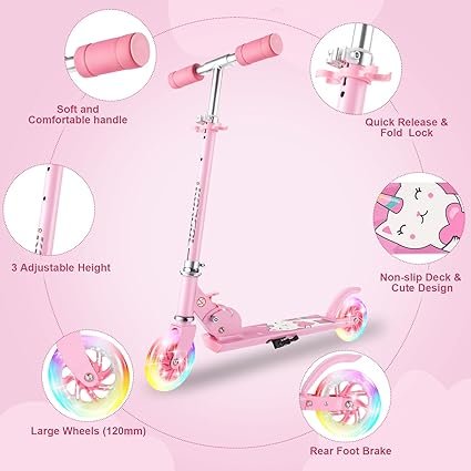 71RAkp1KYbL._AC_SX425_.jpg Scooter for Kids Ages 312 Kids Kick Scooters with Led Light Up Wheels 3 Levels Adjustable Handlebar Lightweight Foldable 2 Wheel Girly Pink Scooter Christmas Birthday for Girls Boys.