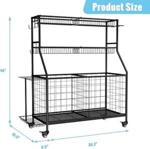 WUC Sports Equipment Organizer Garage Ball Storage Rack with Basket Hooks and Rolling Cart for Toy Sports Gear Storage Black