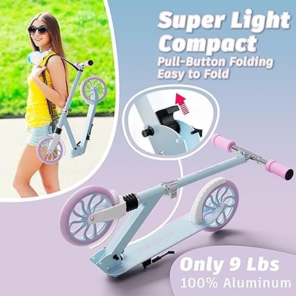 PHOEROS Kick Scooter for Kids Ages 612Teens Adults Youth. Lightweight Aluminum Kick Scooter for Teens Adults Boys Girls with 8 cm Big Wheels Foldable 3 Height Adjustable Shock Absorption.