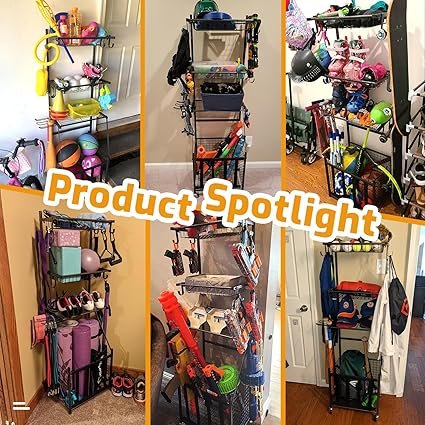 812wQrrggL._AC_SX425_.jpg PLKOW Sports Equipment Storage for Garage IndoorOutdoor Sports Rack for Garage Ball Storage Garage Organizer with Basket and HooksToySports Gear Storage