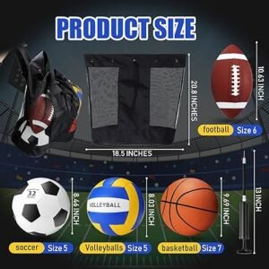 8 Pcs Sports Balls Set Include Football Basketball Soccer Volleyball with 2 Sport Equipment Bags 2 Pumps for Teens Adult Athletic Outdoor Playground Gifts