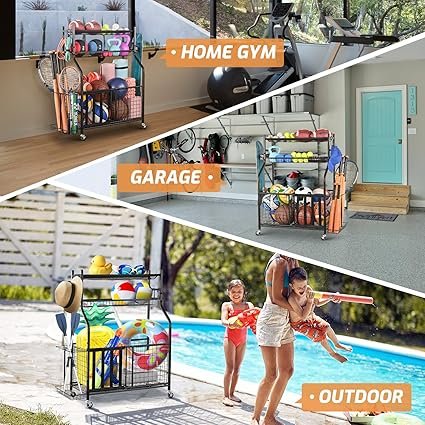 81GHCm1bChL._AC_SX425_.jpg PLKOW Sports Equipment Organizer Garage Storage Rack with Basket and Hooks Ball Storage Toy and Gear Organizer Black