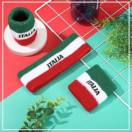 81YmqxIn3L._AC_SX425_.jpg Jadive 2 Sets Italy Sweatband Set Italy Headband and Wristbands Includes 2 Head Sweatband and 2 Pairs Sports Wristband Costume Absorbing Headband for Men Women