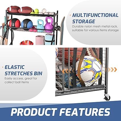 81gW1zUr5NL._AC_SX425_.jpg PLKOW Sports Equipment Organizer Garage Storage Rack with Basket and Hooks Ball Storage Toy and Gear Organizer Black