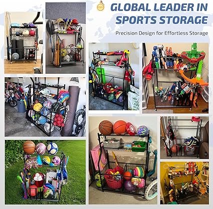 91TI3VfNMhL._AC_SX425_.jpg PLKOW Sports Equipment Organizer Garage Storage Rack with Basket and Hooks Ball Storage Toy and Gear Organizer Black