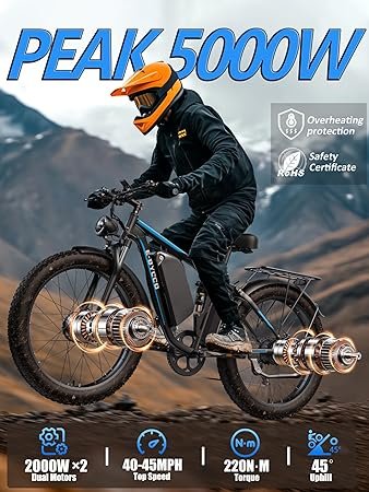 81UpD2kr-IL._AC_SY450_.jpg EBycco 5000W Dual Motor Ebike for Adults Electric Bike 52V 32AH Max 4045 MPH 100 Miles Long Range Hydraulic Disc Brake 2426 Fat Tire Offroad Hunting EBike Full Suspension Electric Bicycle