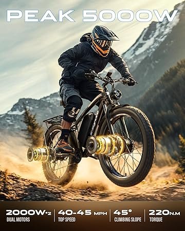 E·Bycco Peak 5000W Electric Bike 52V 32AH Dual Motor EBike 4045MPH Fast 4000W Electric Bicycle with Fat Tire Hydraulic Disc Brake Front Suspension All Terrain Ebikes