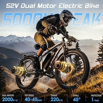 81tlH8LLC5L._AC_SX425_.jpg Peak 5000W 52V Dual Motor Ebike 4047MPH 24 cm Electric Bike for Adults 32AH Battery 100 Miles Long Range with Hydraulic Disc Brake Dirt Mountain Electric Bicycles Fat Tire E Bike for All Terrain